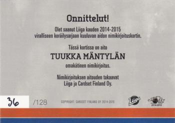 2014-15 Cardset Finland - Signature #NNO Tuukka Mäntylä Back