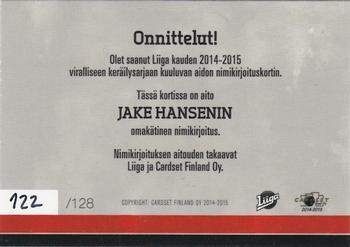 2014-15 Cardset Finland - Signature #NNO Jake Hansen Back