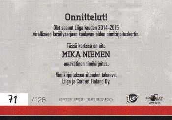 2014-15 Cardset Finland - Signature #NNO Mika Niemi Back