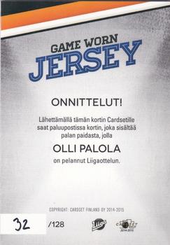 2014-15 Cardset Finland - Game Worn Jersey Series 1 Exchange #NNO Olli Palola Back