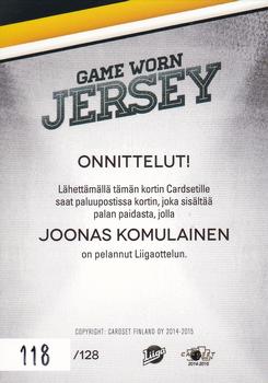 2014-15 Cardset Finland - Game Worn Jersey Series 1 Exchange #NNO Joonas Komulainen Back