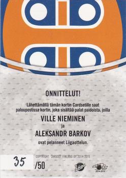 2014-15 Cardset Finland - Dual Jersey Series 1 Exchange #NNO Ville Nieminen / Aleksander Barkov Back