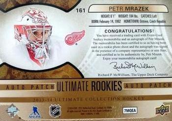 2013-14 Upper Deck Ultimate Collection - Rookie Patch Autographs #161 Petr Mrazek Back