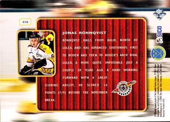 1999-00 Upper Deck Swedish Hockey League - Hands of Gold #H10 Jonas Ronnqvist Back