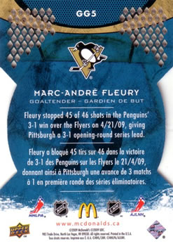 2009-10 Upper Deck McDonald's - Goaltending Greats #GG5 Marc-Andre Fleury Back