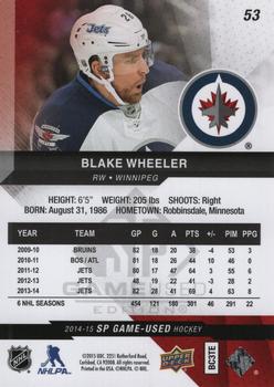 2014-15 SP Game Used #53 Blake Wheeler Back
