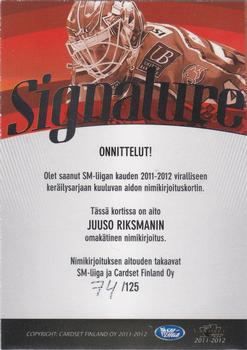 2011-12 Cardset Finland - Signature #NNO Juuso Riksman Back