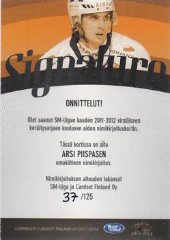 2011-12 Cardset Finland - Signature #NNO Arsi Piispanen Back