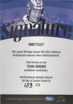 2011-12 Cardset Finland - Signature #NNO Teemu Nurmi Back