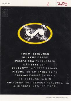 2005-06 Cardset Finland - Future Stars Holo-Red #16 Tommi Leinonen Back