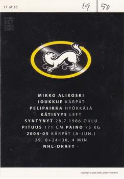 2005-06 Cardset Finland - Future Stars Holo-Silver #17 Mikko Alikoski Back