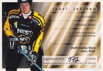 2002-03 Cardset Finland - Signatures Series 1 #NNO Jussi Jokinen Back