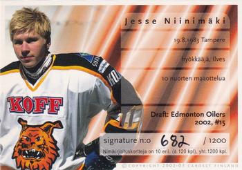 2002-03 Cardset Finland - Signatures Series 1 #NNO Jesse Niinimäki Back