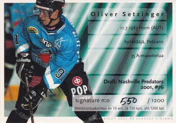 2002-03 Cardset Finland - Signatures Series 1 #NNO Oliver Setzinger Back