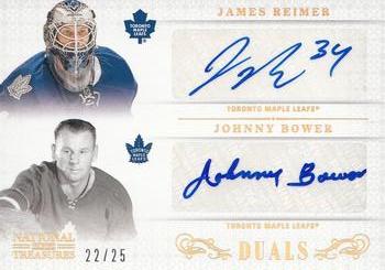 2013-14 Panini National Treasures - Dual Autographs Gold #D-RB James Reimer / Johnny Bower Front
