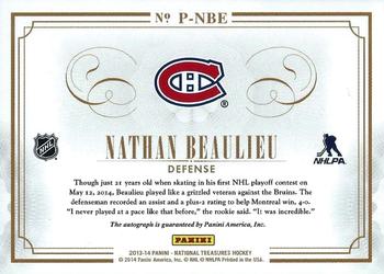 2013-14 Panini National Treasures - Phenoms Autographs #P-NBE Nathan Beaulieu Back
