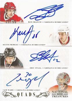 2013-14 Panini National Treasures - Quad Autographs #4S-HUR Cam Ward / Eric Staal / Keith Primeau / Ron Francis Front