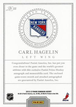 2013-14 Panini Rookie Anthology - 2012-13 Panini Dominion Update: Autographed Patches #35 Carl Hagelin Back