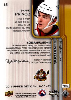 2014 Upper Deck AHL - Autographs #15 Shane Prince Back
