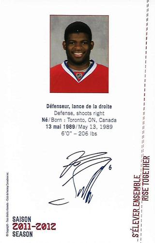 2011-12 Montreal Canadiens #NNO P.K. Subban Back