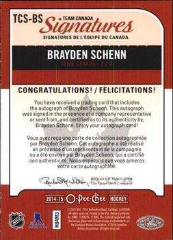 2014-15 O-Pee-Chee - Team Canada Signatures #TCS-BS Brayden Schenn Back