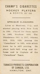1924-25 Champ's Cigarettes (C144) #NNO Sprague Cleghorn Back