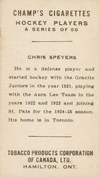 1924-25 Champ's Cigarettes (C144) #NNO Chris Speyer Back