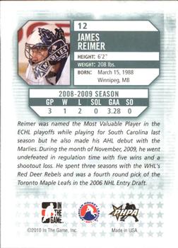 2009-10 In The Game Between The Pipes #12 James Reimer Back