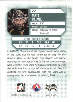 2009-10 In The Game Between The Pipes #22 Matt Climie Back