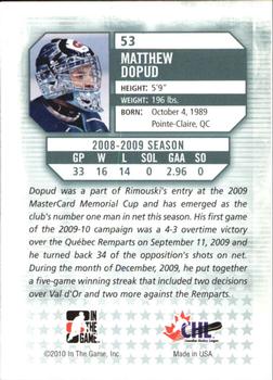 2009-10 In The Game Between The Pipes #53 Matthew Dopud Back