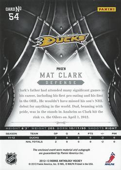2012-13 Panini Rookie Anthology - Crown Royale Rookie Silhouette Patch #54 Mat Clark Back