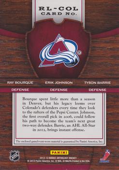 2012-13 Panini Rookie Anthology - Crown Royale Royal Lineage #RL-COL Erik Johnson / Ray Bourque / Tyson Barrie Back