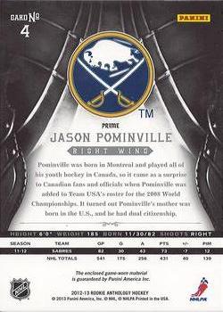 2012-13 Panini Rookie Anthology - Crown Royale Silhouette Prime #4 Jason Pominville Back
