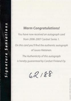 2006-07 Cardset Finland - Signature Sensations #NNO Juuso Hietanen Back
