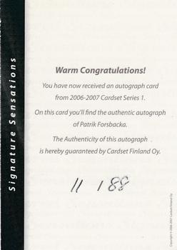 2006-07 Cardset Finland - Signature Sensations #NNO Patrik Forsbacka Back