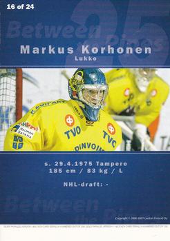 2006-07 Cardset Finland - Between the Pipes #16 Markus Korhonen Back