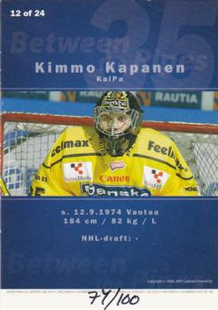 2006-07 Cardset Finland - Between the Pipes Silver #12 Kimmo Kapanen Back