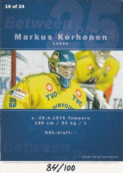 2006-07 Cardset Finland - Between the Pipes Silver #16 Markus Korhonen Back