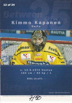 2006-07 Cardset Finland - Between the Pipes Gold #12 Kimmo Kapanen Back