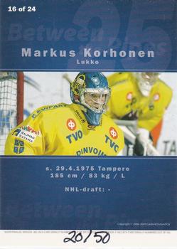 2006-07 Cardset Finland - Between the Pipes Gold #16 Markus Korhonen Back