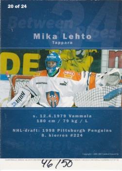2006-07 Cardset Finland - Between the Pipes Gold #20 Mika Lehto Back