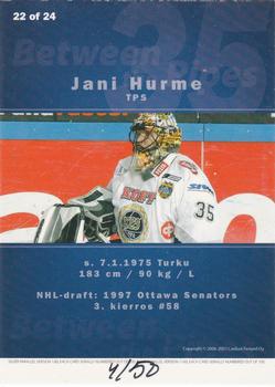 2006-07 Cardset Finland - Between the Pipes Gold #22 Jani Hurme Back