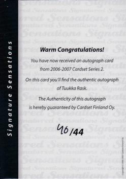 2006-07 Cardset Finland - Signature Sensations 2 #NNO Tuukka Rask Back