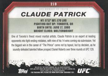 2011 Topps UFC Moment of Truth #219 Claude Patrick Back