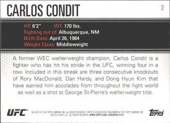 2012 Topps UFC Knockout #2 Carlos Condit Back