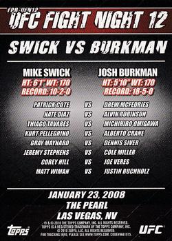 2010 Topps UFC - Fight Poster Review #FPR-UFN12 UFC Fight Night 12 / Mike Swick / Josh Burkman / Patrick Cote / Drew McFedries Back