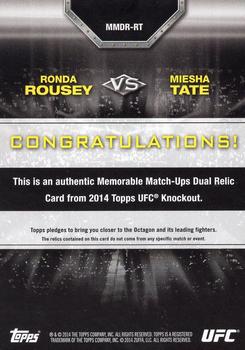 2014 Topps UFC Knockout - Memorable Matchups Dual Relics #MMDR-RT Miesha Tate / Ronda Rousey Back
