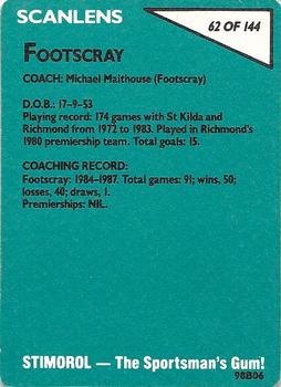 1988 VFL SCANLENS CARD NO.62 MICHAEL MALTHOUSE FOOTSCRAY VERY GOOD 