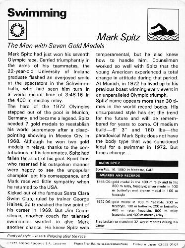 1977-79 Sportscaster Series 1 #01-07 Mark Spitz Back