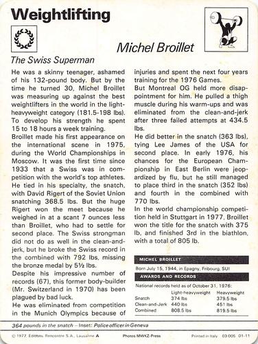 1977-79 Sportscaster Series 1 #01-11 Michel Broillet Back